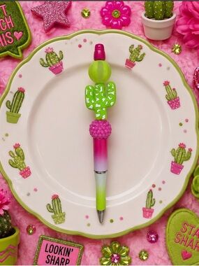 Handmade Green & Pink Cactus Pen - Decorative Home Office Stationery